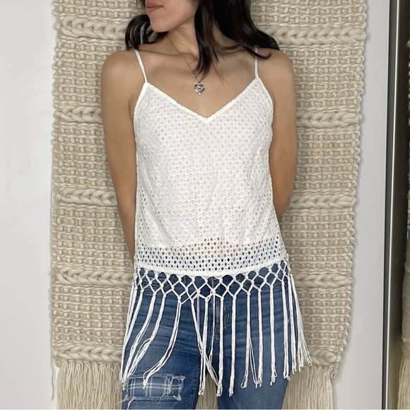 Skies Are Blue Tops - Skies Are Blue White Crochet Top With Fringe Small